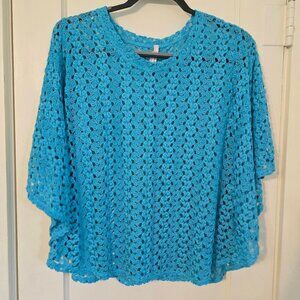 Harmony L Bright Teal / Blue Eyelet Lace Knit Poncho style Top / Blouse